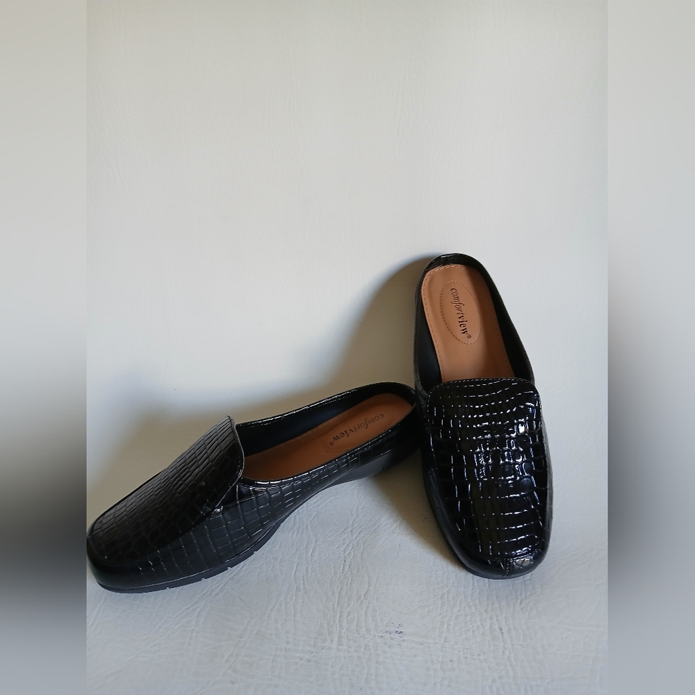 Comfortview Black Crocodile-Embossed Women's Mules Sz8WW Padded Insole